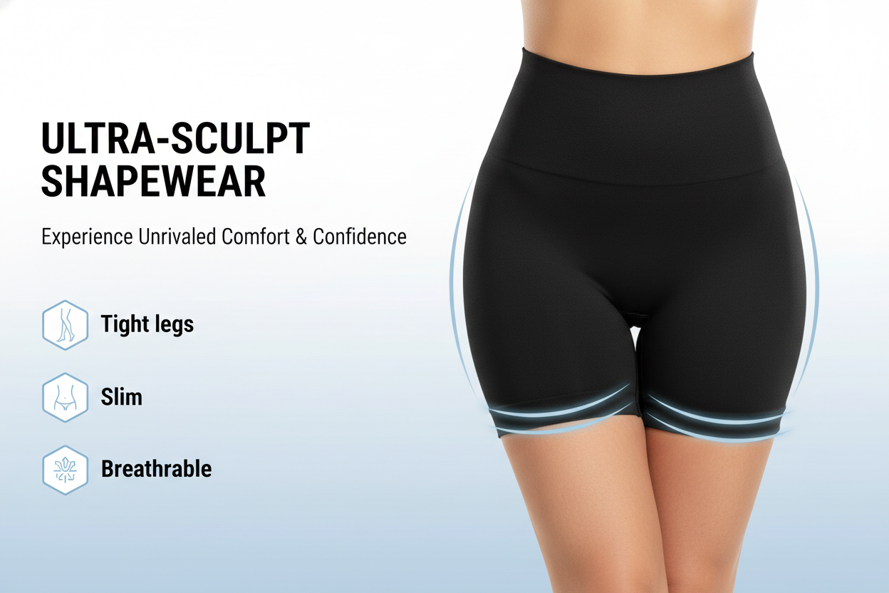 “Create a product promo image for high-waisted black shapewear shorts. Show a cropped female body from chest to mid-thigh wearing seamless black compression shapewear. The background should be clean and light with soft gradients. Include text sections and feature labels on the left side such as ‘Tight legs’, ‘Slim’, ‘Breathable’, and hexagon icons. Add subtle glowing contour lines around the thighs to show tightening effect. Style should look like an ecommerce product feature graphic, bright, modern, and mi